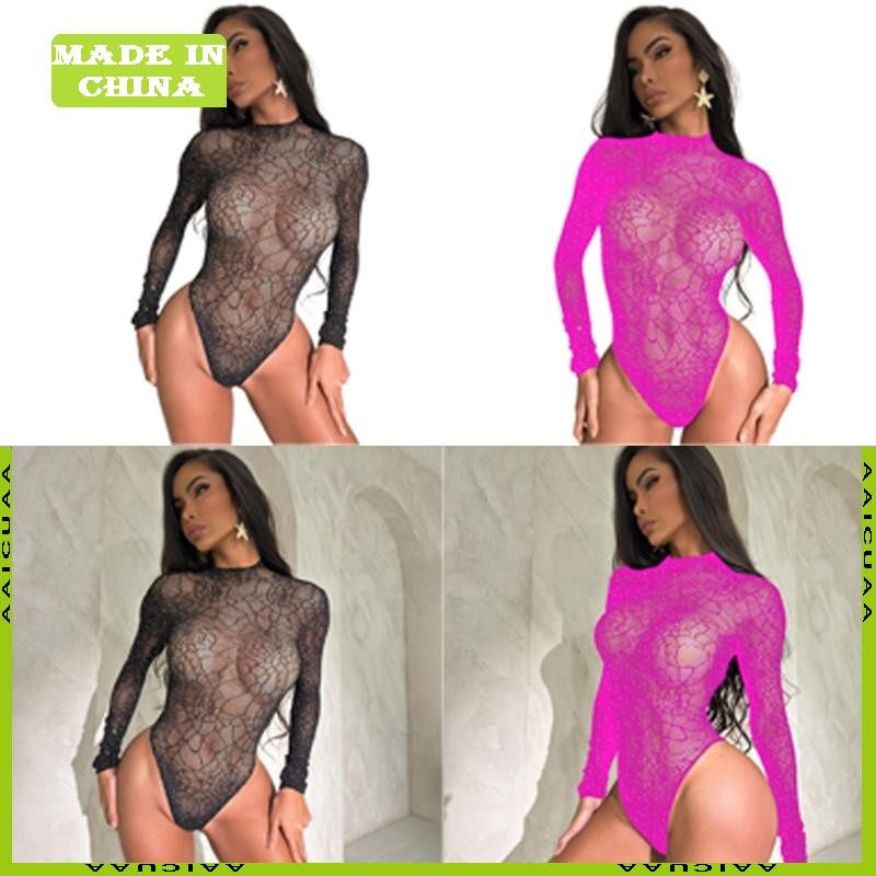 Aa Fishnet Lưới Bodysuit Nữ Co Giãn Leotard Dài Tay Teddies Quần Lót