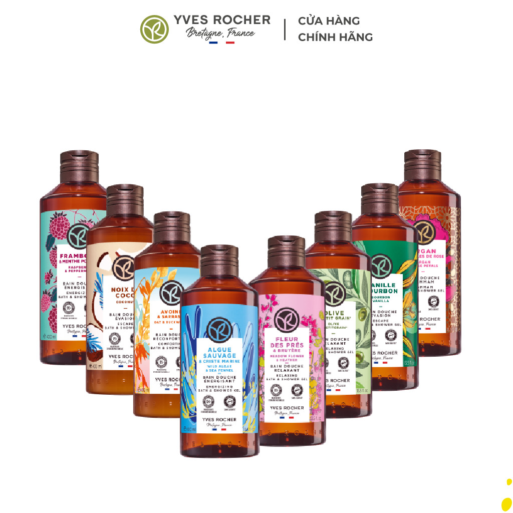 Sữa Tắm Yves Rocher chính hãng Pháp nguồn gốc tự nhiên, nuôi dưỡng da mềm mại, mịn màng, nhiều mùi hương - Chai 400ml