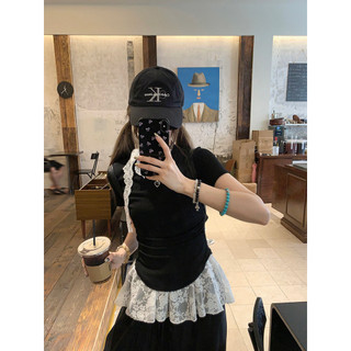 「Nonfatgirl」Áo thun ngắn tay trễ vai chính hãng cổ cao Niche + cổ dây ren có dây treo + Quần mỏng mỏng mềm mại Quần đen Mua