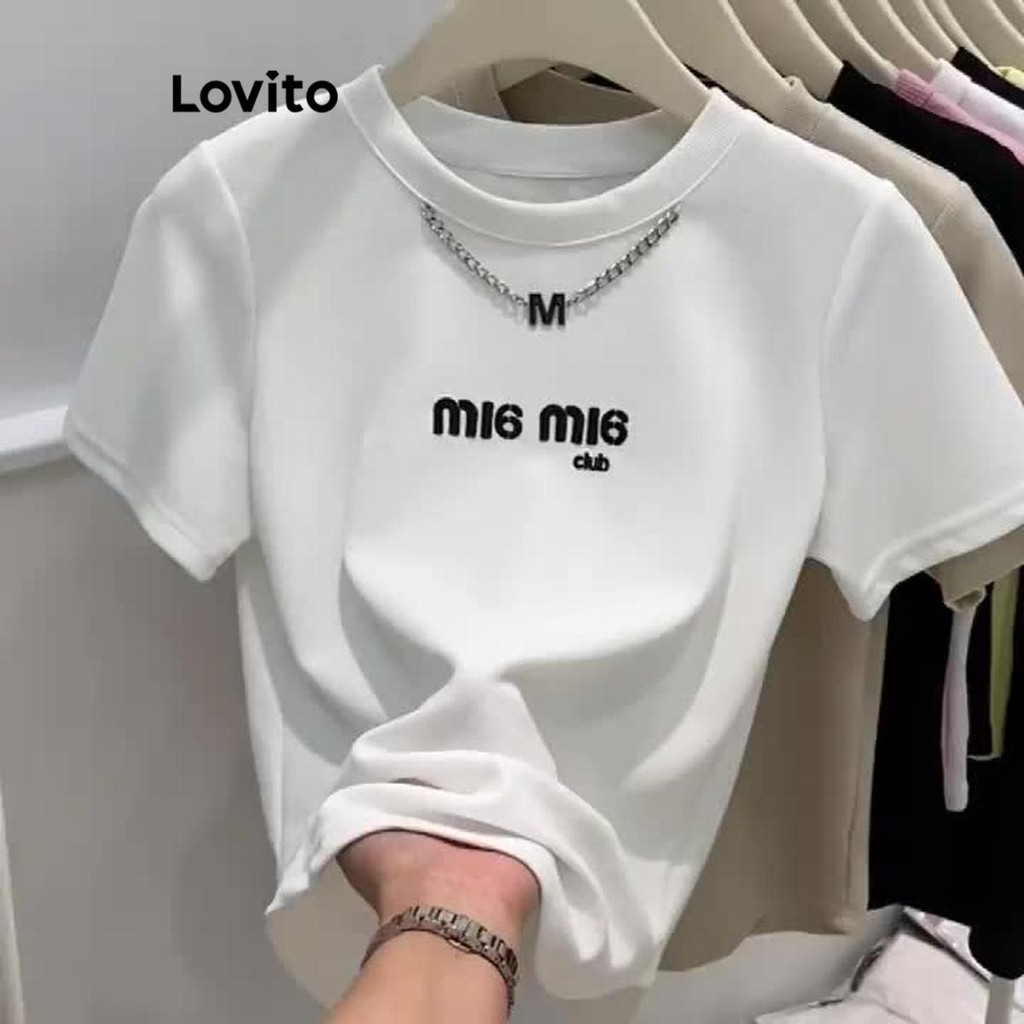 Áo thun Lovito họa tiết chữ phối kim loại phong cách thường ngày cho nữ LNE50531
