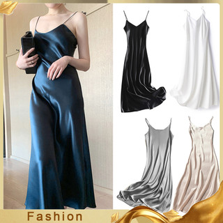 Mgs _ Đầm Dạ Hội Nữ Cổ Chữ V Cắt Thấp Màu Trơn Spaghetti Dây Đeo Lưng Không Tay Satin Cưới Váy Midi Quần Áo Nữ