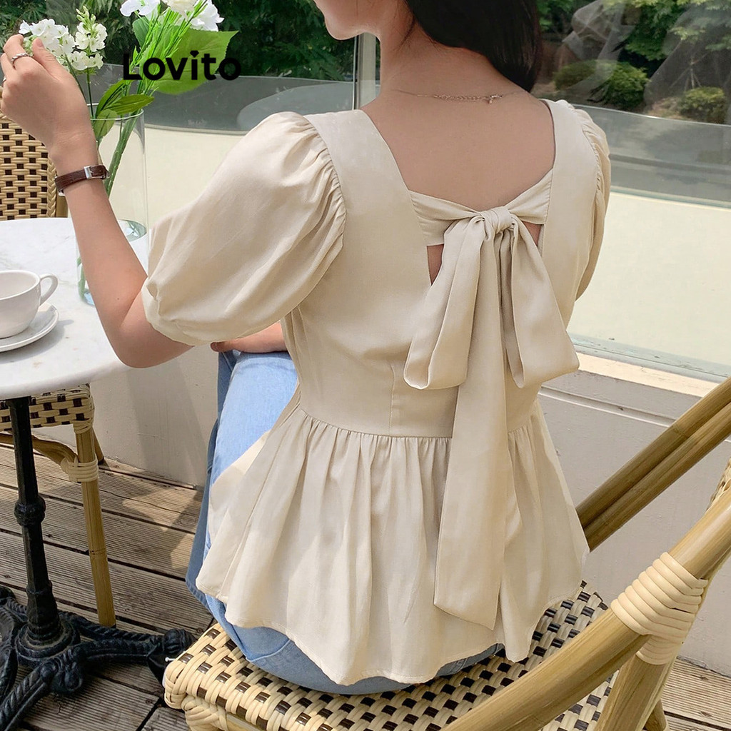 Áo kiểu Lovito nơ sau xếp nếp màu trơn thường ngày cho nữ L68ED016 (Màu mơ) | BigBuy360 - bigbuy360.vn