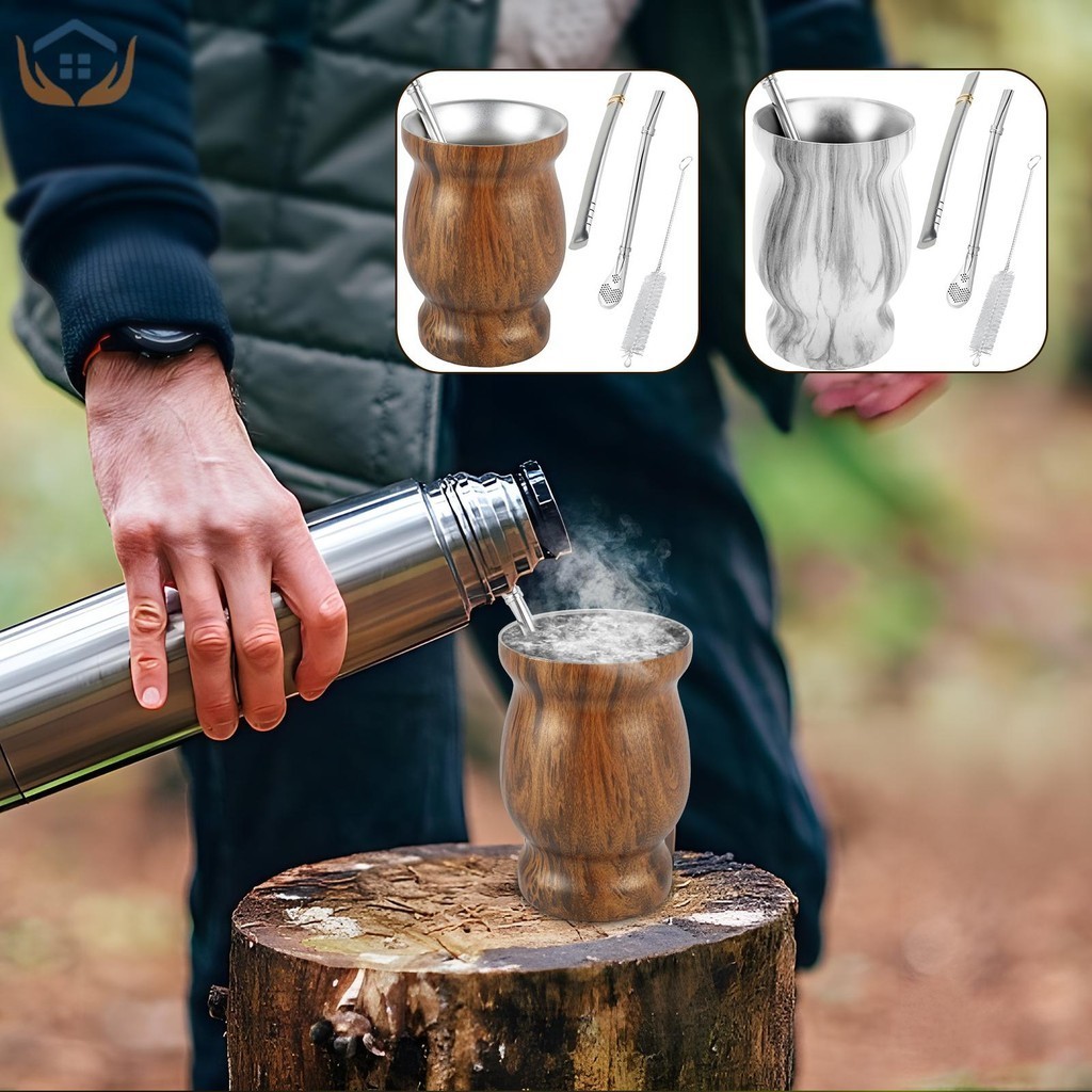 8oz Yerba Mate Cup Bộ cốc trà bằng thép không gỉ có bàn chải rơm Thìa rơm phẳng Ống hút và nắp cách 