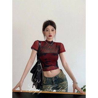 Enjoy Freedom Áo thun ngắn tay màu đỏ tía in họa tiết Mỹ mỏng vừa vặn dành cho nữ