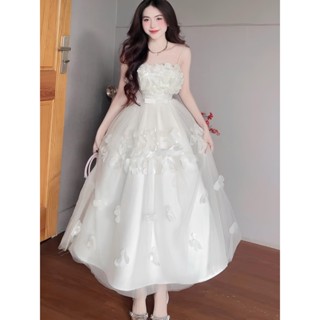 Đầm trắng đi tiệc bàn cô dâu A589 kiểu 2 dây cúp vòng 1  chất tafta phối lưới mix hoa laser freesize KimHoa77