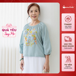  - Áo Nữ Trung Niên Vải Linen Thêu Họa Tiết Hoa Lá Cổ Tròn Nhún Tay Bí Lỡ Nhún Dài Dáng Rộng - A11572
