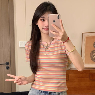 Áo baby tee Áo Coquette Tay Ngắn Áo Kiểu Nữ ôm body Áo thun sọc nữ cao su ba chiều cảm giác chữ v cổ ngắn tay Sweet Girl