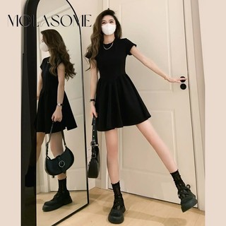 Molasome Nữ 2024 Thời Trang Mới Cổ Tròn Thanh Lịch Màu Trơn Tay Ngắn Co Giãn Đầm Mini