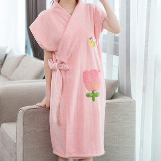 Phong cách mới Áo choàng tắm lông cừu san hô thêu váy ngủ nữ dày mềm thấm quấn