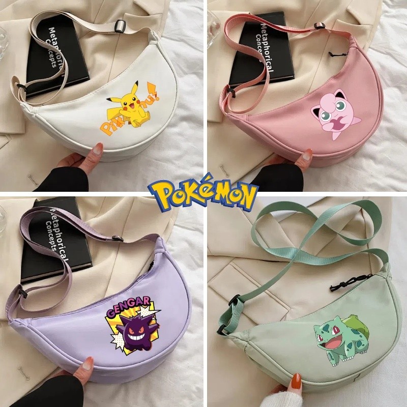 Túi đeo chéo Pokémon Chất lượng cao Pikachu Túi đeo vai in hình dễ thương Du lịch thời trang Túi nửa tháng đa năng