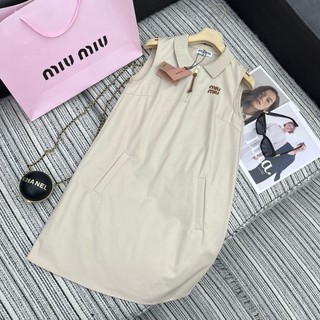 MIU MIU 24ssNew Thread Lapel Sleeveless Dress Letter Print Embellished Half Zipper Dress