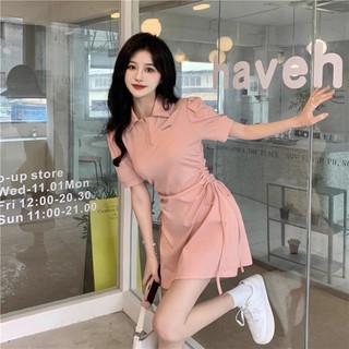 Váy Ngắn dễ thương,Váy Liền Tay Phồng Cổ Polo Nữ, Váy Chữ A Tôn Dáng Gầy Bó Eo 