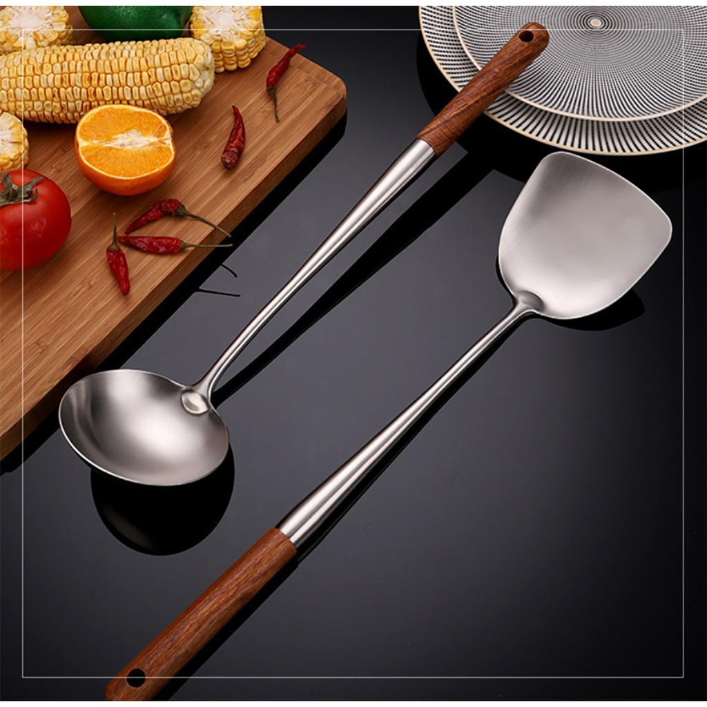 Thìa Broccoli Extra Long Ladle Tay cầm bằng gỗ Dụng cụ nhà bếp bằng thép không gỉ G0028