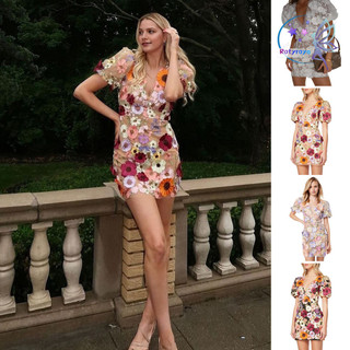 Rotyroya-nữ Mini Đầm Thêu Nhiều Màu Sắc Trang Trí Hoa Đầm Ngắn Cổ Chữ V Puff Tay Ngắn Hông Bọc Áo Choàng Đầm