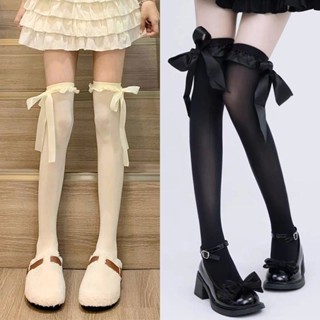 Ruy Băng Nơ Dài Trên Đầu Gối Tất JK Gothic Satin Ren Cao Tất Sinh Viên Thoáng Khí Nhung Ống Cao Tất Cọc Tất