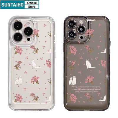 Suntaiho Vỏ Đẹp Hoa Hồng Họa Tiết Mèo Trắng Ốp lưng Iphone 11 12 13 14 15 16 Pro Max IP 7 8 Plus Iphon X Xs XR Xs Max TPU Mềm Cao Cấp Chống Sốc Ốp Lưng