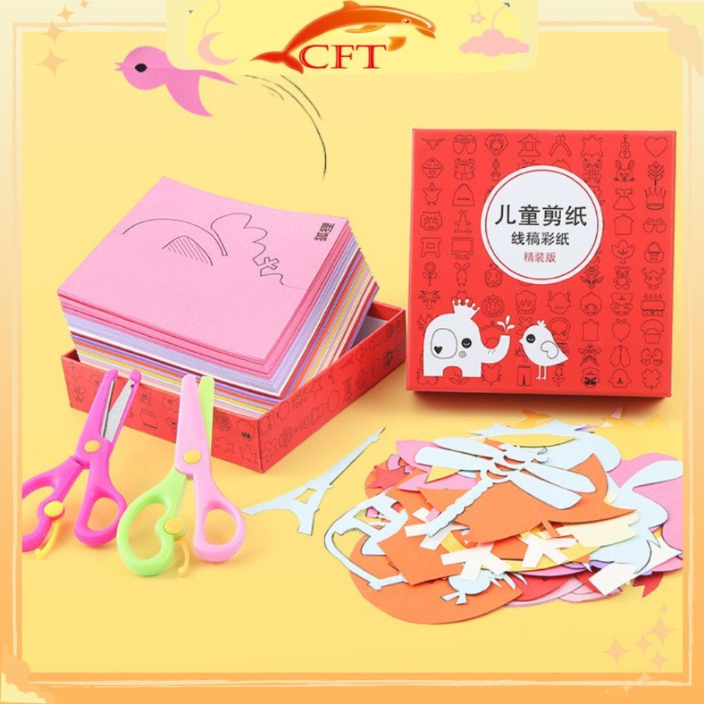 Bộ cắt giấy thủ công 120, 240 tờ tạo hình tặng kèm kéo nhựa cho bé