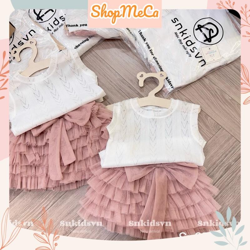 Set bộ bé gái SN5, Set áo lưới chân váy ren nơ tầng cho bé gái