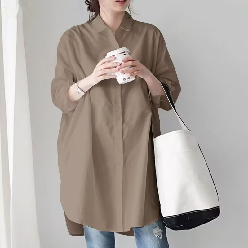 Kaki Phiên Bản Hàn Quốc Rời Cotton Nguyên Chất Dài Tay Giữa Chiều Dài Áo Sơ Mi Nữ Phù Hợp Với Áo Sơ 