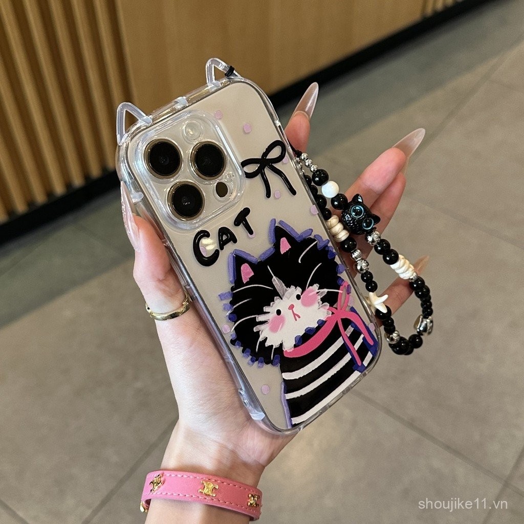 Ốp tai mèo trong suốt Hakimi sọc hồng cho iPhone, tương thích với iPhone 16 Pro Max/15/14 Pro Max/13