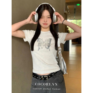Cocorygirl Gợi Cảm Slim "Bướm" In Hình Cổ Tròn Thời Trang Phù Hợp Với Áo Thun Nữ Quần Áo Top