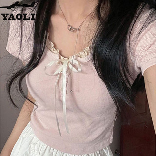 Yaoli Áo thun nữ tay ngắn cổ chữ V cổ điển kiểu Mỹ được thiết kế đáy mỏng hot girl áo ngắn