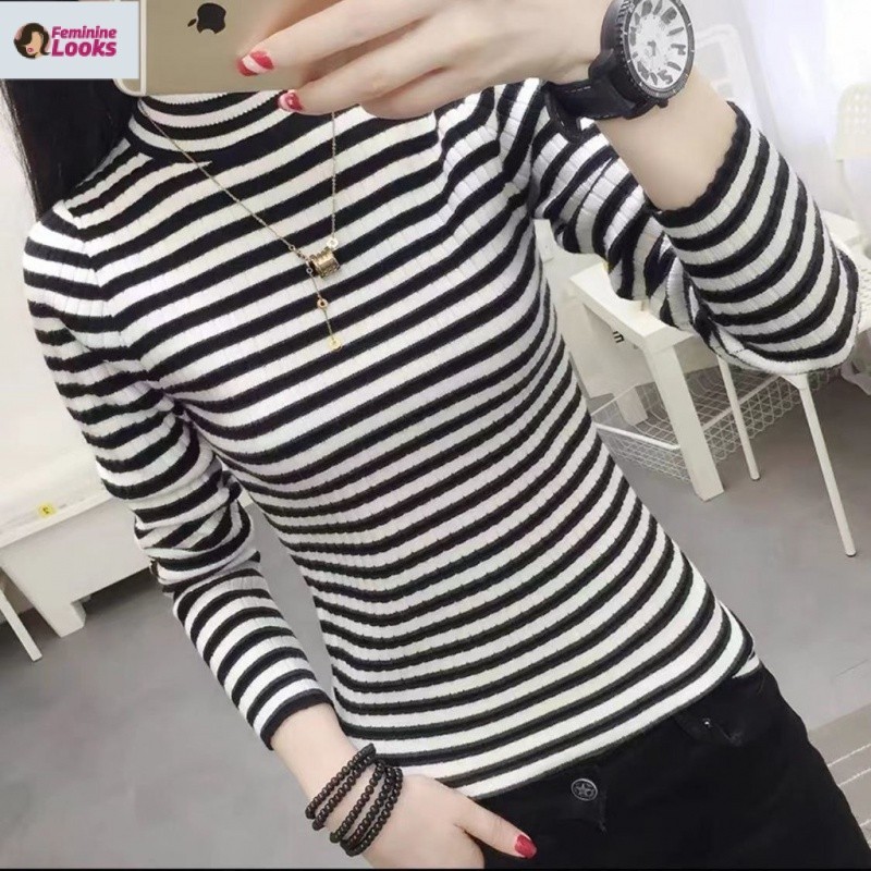 Áo Dệt Kim Cổ Lọ Họa Tiết Kẻ Sọc Dáng Ôm Thời Trang Cho Nữ