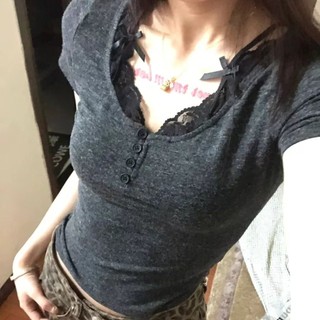 Mỹ Hot Girl Khâu Ren Vai Ngắn Tay Áo Thun Nữ Mùa Hè Mỏng Thiết Kế Sense Niche Slim Fit Đa Năng Top