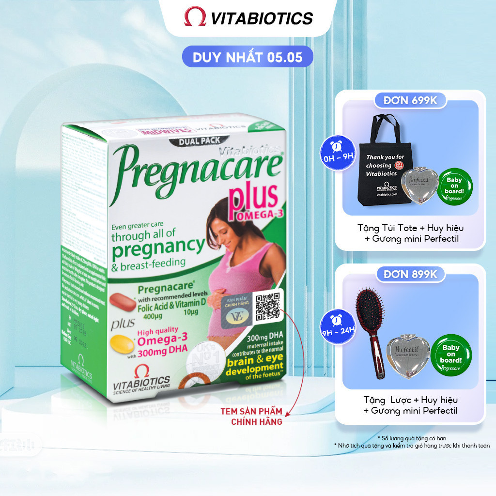 Viên Uống Cho Mẹ Bầu Vitabiotics PREGNACARE PLUS OMEGA-3 Tăng Cường Sức Khỏe Nâng Cao Đề Kháng Hộp 56 Viên