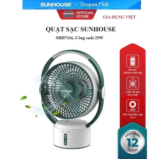 Quạt sạc điện sunhouse shd7116 - 3 tốc độ gió tùy chỉnh, tích hợp đèn ngủ 2 trong 1, pin sạc lithium cao cấp