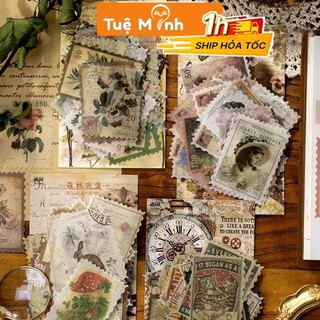 Bộ 60 tem dán Vintage hình thực vật, động vật - Sticker hình tem cổ điển làm bullet journal, album