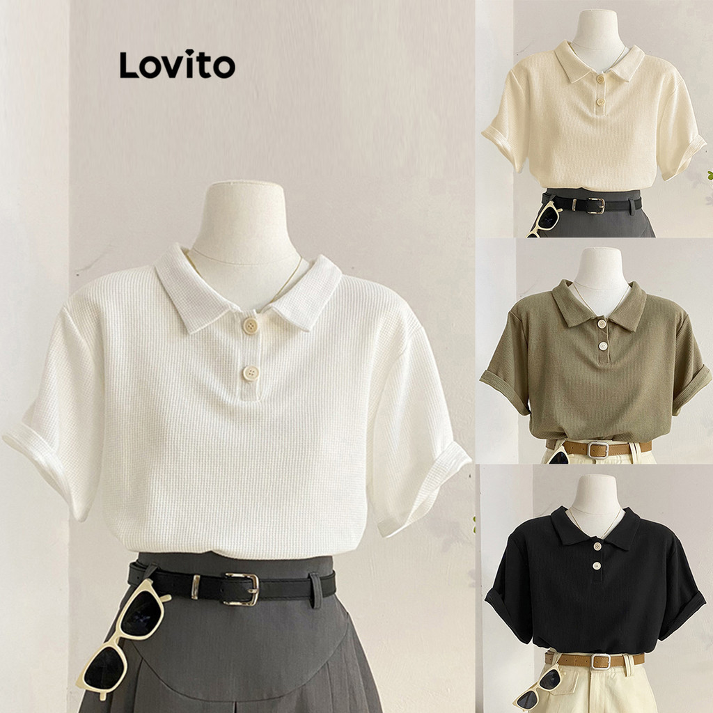 Áo thun polo Lovito dệt kim waffle màu trơn thường ngày cho nữ L68ED039 (Nhiều màu)