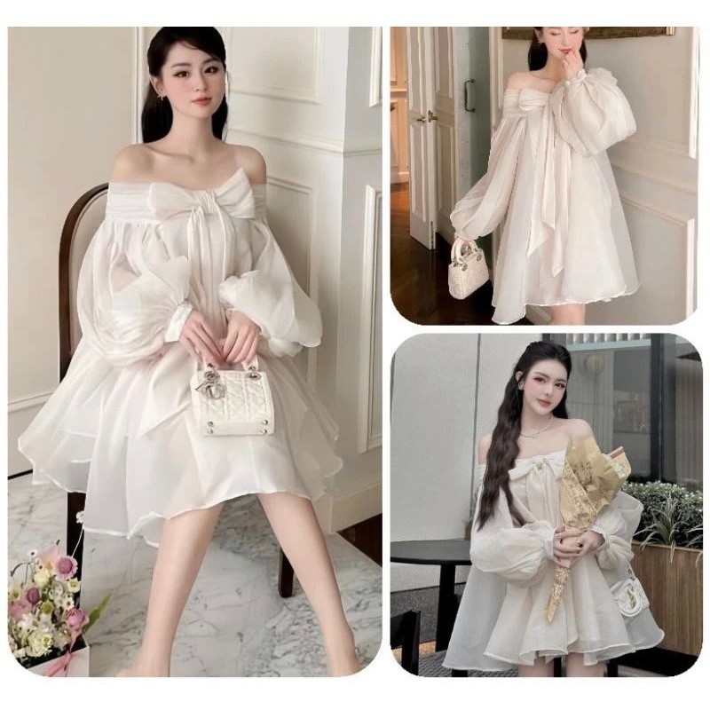 Váy babydoll trễ vai, đầm babydoll nơ ngực chất von mềm tay phồng xinh xắn hyominstore