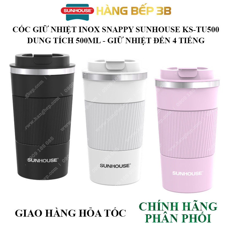 Cốc giữ nhiệt 500ml Sunhouse KS-TU500SW - 3 màu lựa chọn hồng/đen/trắng - Giữ nhiệt đến 4 giờ