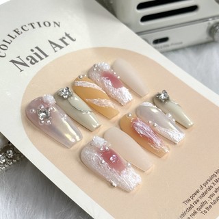 Dream Camellia Màu Ba Chiều Dopamine Tính Khí Giữa Chiều Dài Móng Tay Giả Handmade Làm Móng Tay Mặc Móng Tay UV Móng Tay