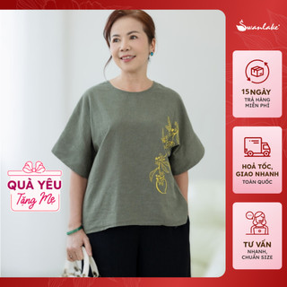  - Áo Nữ Trung Niên Cánh Dơi Cổ Tròn Tay Ngắn Vải Linen Dáng Rộng Thêu Họa Tiết Hoa Tặng Mẹ Bà - A11492