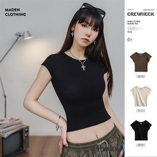 Hiện Đại Cổ Tròn Nhỏ Bay Tay Ngắn Mỹ Retro Chính Hãng Vai Áo Thun Hot Girl Slim-fit Slimmer Nhìn Ngắn Top Mùa Hè Nữ