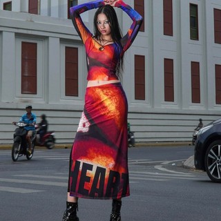 IUNU Lips Printed Mesh Midi Skirt - Chân váy lưới in midi xẻ hông