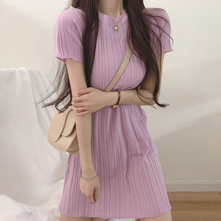 Kii Wii Mùa hè Mới Phong Cách Hàn Quốc Cổ Tròn Tay Ngắn Đa Năng Quấn Hông Dệt Kim Đầm Nữ 240605