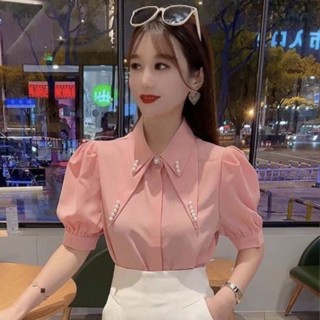 Hàng Châu Âu Nhỏ Thời Trang Áo Sơ Mi Nữ Thiết Kế Mùa Hè Giảm Tuổi Tay Phồng Đính Hạt Đôi Mũi Nhọn Cổ Áo Sơ Mi Đi Làm Mỏng Hơn Nhìn