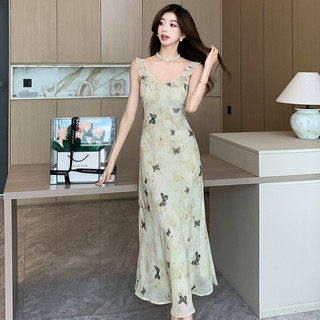 Duohanzi Váy Nữ Hàn Quốc Váy ruffle Bướm Mùa Hè Cổ Chữ v In Hình Đi Biển Kỳ Nghỉ Eo Váy Dài Chữ a