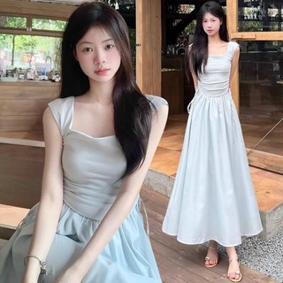 Váy Liền Màu Xanh, Áo Ba Lỗ Cổ Chữ U Thuần Khiết, Váy Dài Xòe Rộng Khí Chất Quá Đầu Gối Tôn Dáng Gầy Chít Eo Cao Cấp Mùa