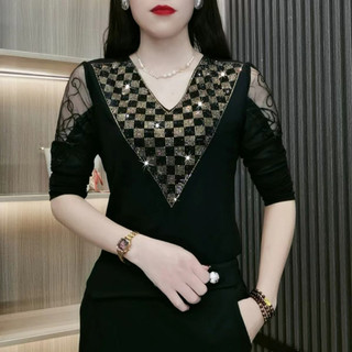 Áo thun kim cương dài tay cổ chữ V nóng bỏng dành cho nữ cỡ lớn