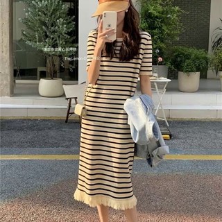 Daxingzhe Tay Ngắn Ôm Hơn Nhìn Giữa Chiều Dài Váy Sọc Ice Silk K