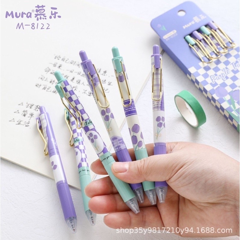 Bút Mura mực đen vỏ tím hoạ tiết vintage, Set 4 bút bi Mura 0.5mm mực đen nhanh khô Parea vpp parea 