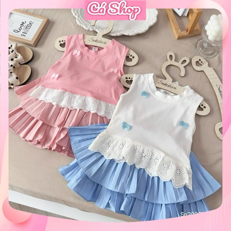 Xả (SN11) Set bộ bé gái, Set áo ba lỗ sát nách phối nơ bèo ren kèm chân váy tầng xếp ly cho bé gái