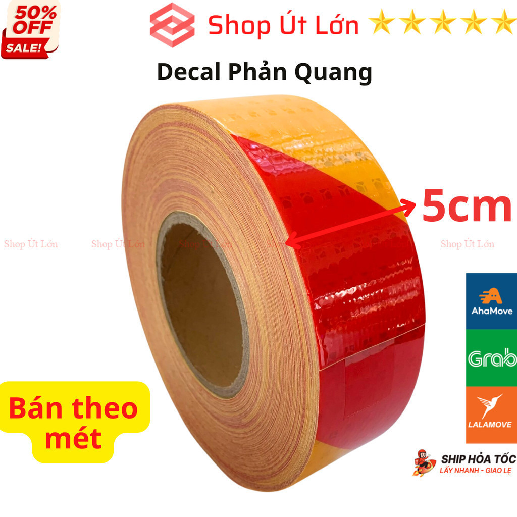 Decal phản quang Vàng - Đỏ rộng 5cm, băng keo phản quang bán theo mét - Shop Út Lớn