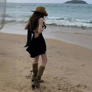Mùa Hè Nguyên Chất Ngọt Ngào Cô Gái Gợi Cảm Lưng Đeo Chéo Dây Cổ Chữ V Ống Top Eo Giảm Béo Chữ A Chia Đầm