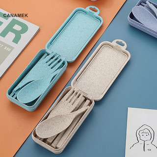 Canamek di động rơm lúa mì nĩa bộ dao kéo có thể gập lại gấp chop bộ dao kéo có hộp du lịch phụ kiện nhà bếp mới