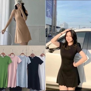 Đầm thun tăm cổ tròn dáng xoè gấu bèo tay ngắn cuốn biên tiểu thư cá tính mã 02